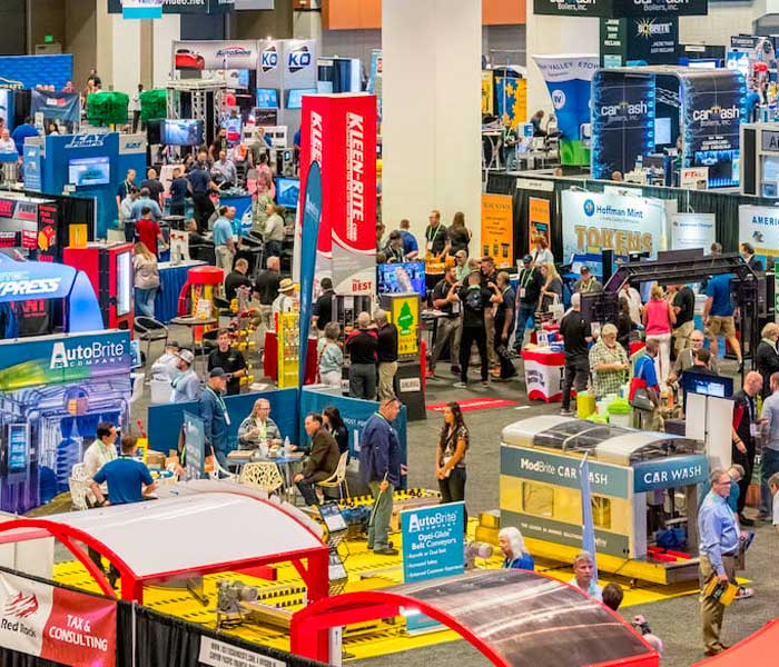 Overhead shot of The Car Wash Show Tradeshow with booths and people